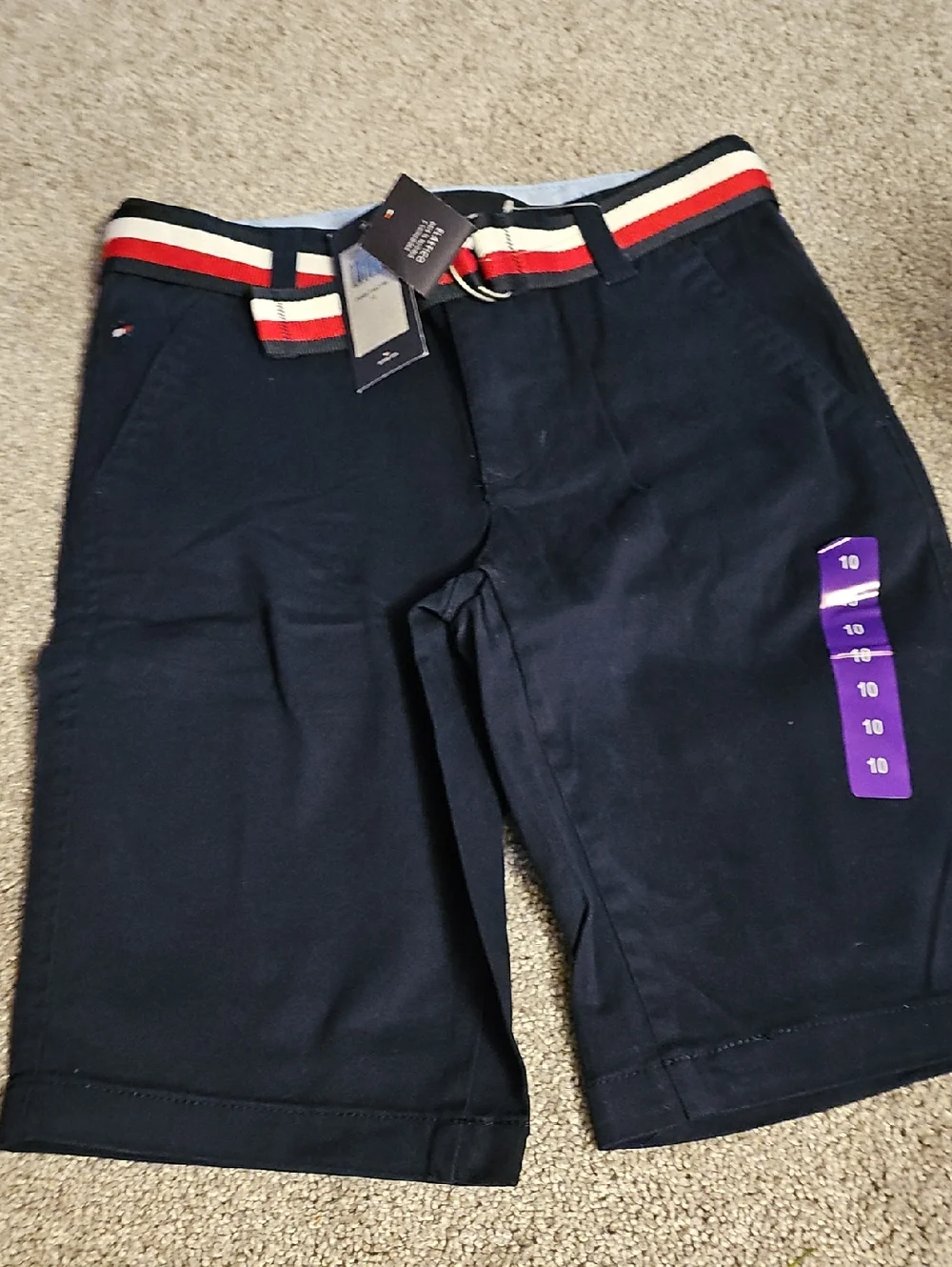 SS💜🔹️Tommy Hilfiger Navy Chino Shorts with Red-White Striped Woven Belt